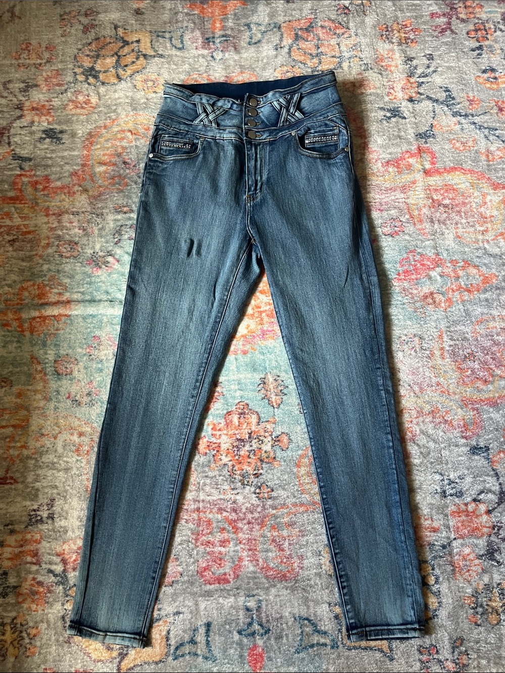 High-Rise Skinny Jeans with Triple-Button Waist - Blue